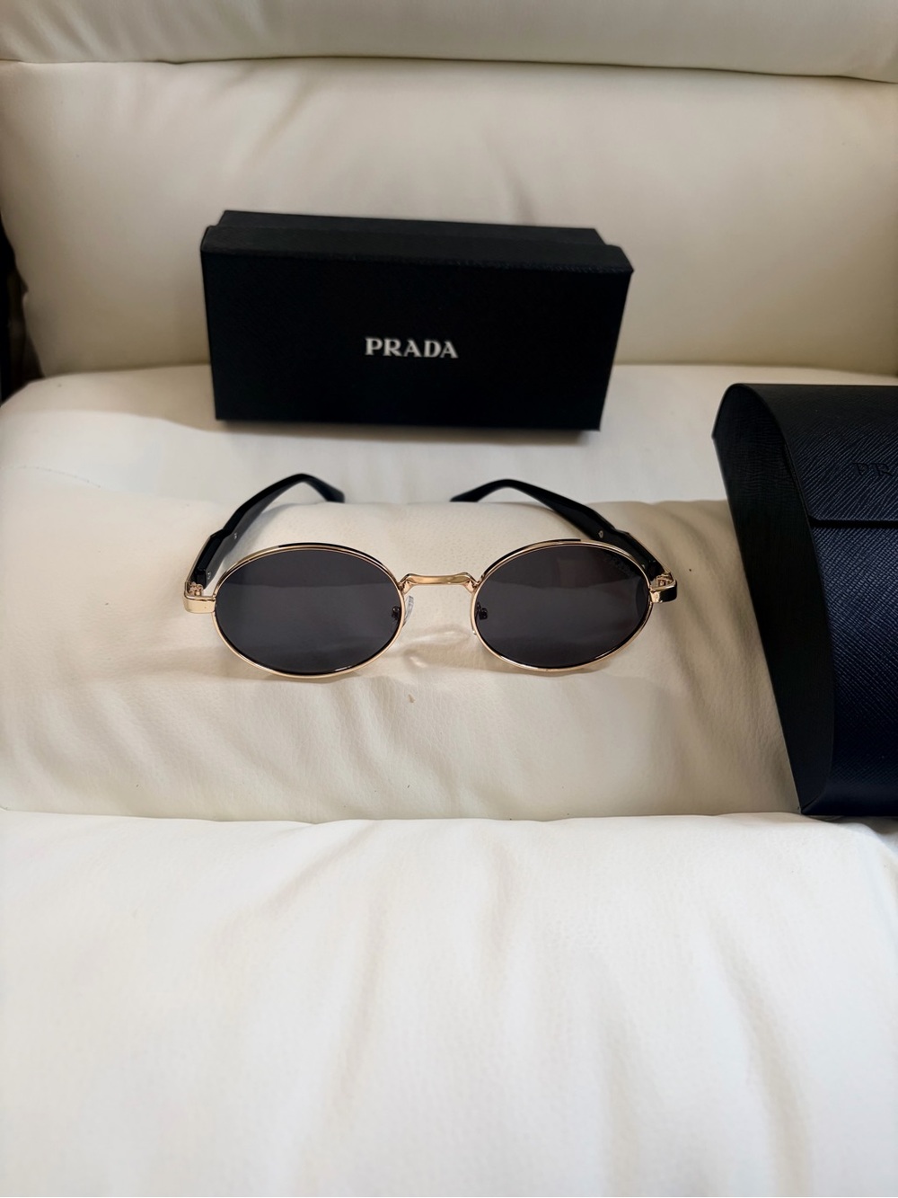 Prada Gold Frame Black Lens Oval Sunglasses — Black/Gold